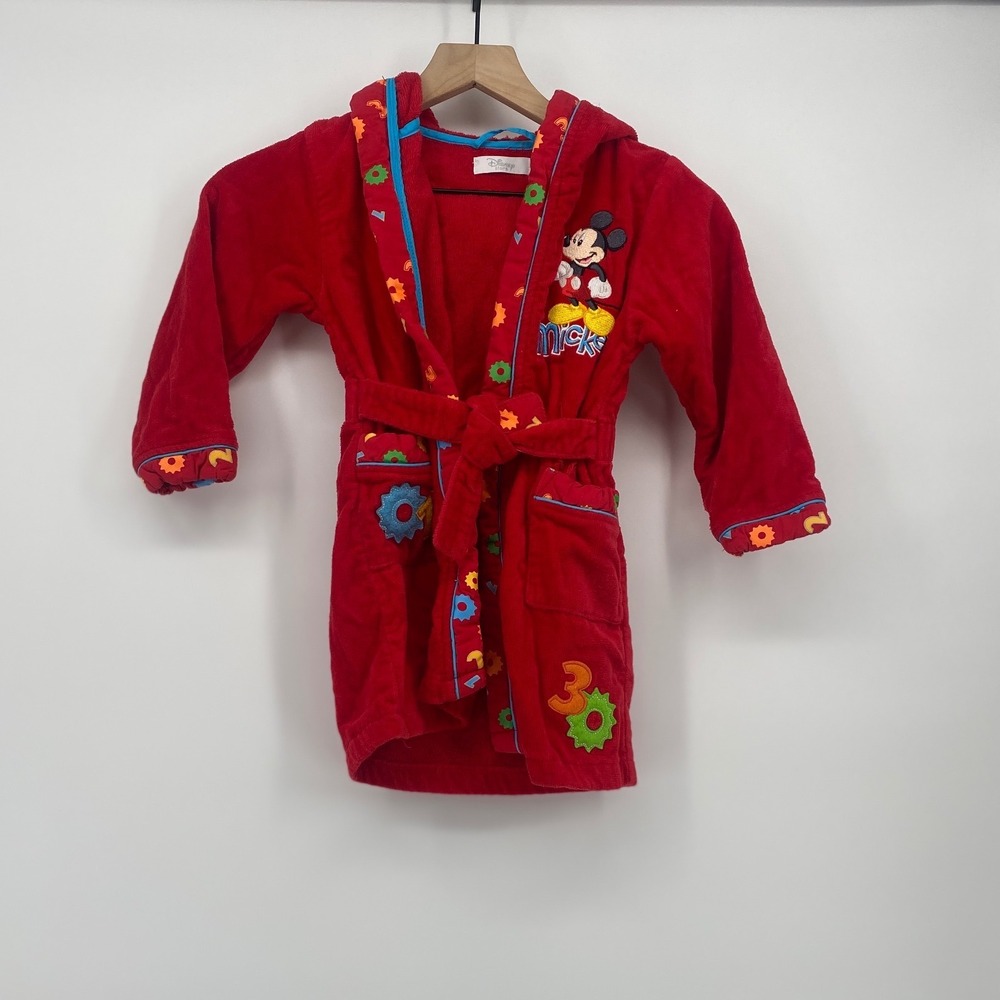 Disney Store Mickey Mouse Hooded Bathrobe Toddler 3-4 Red Terry Cloth Ears Robe